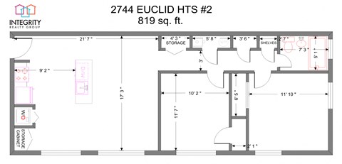 Floor plan for 2 beds, 1 bath, 819 sqft